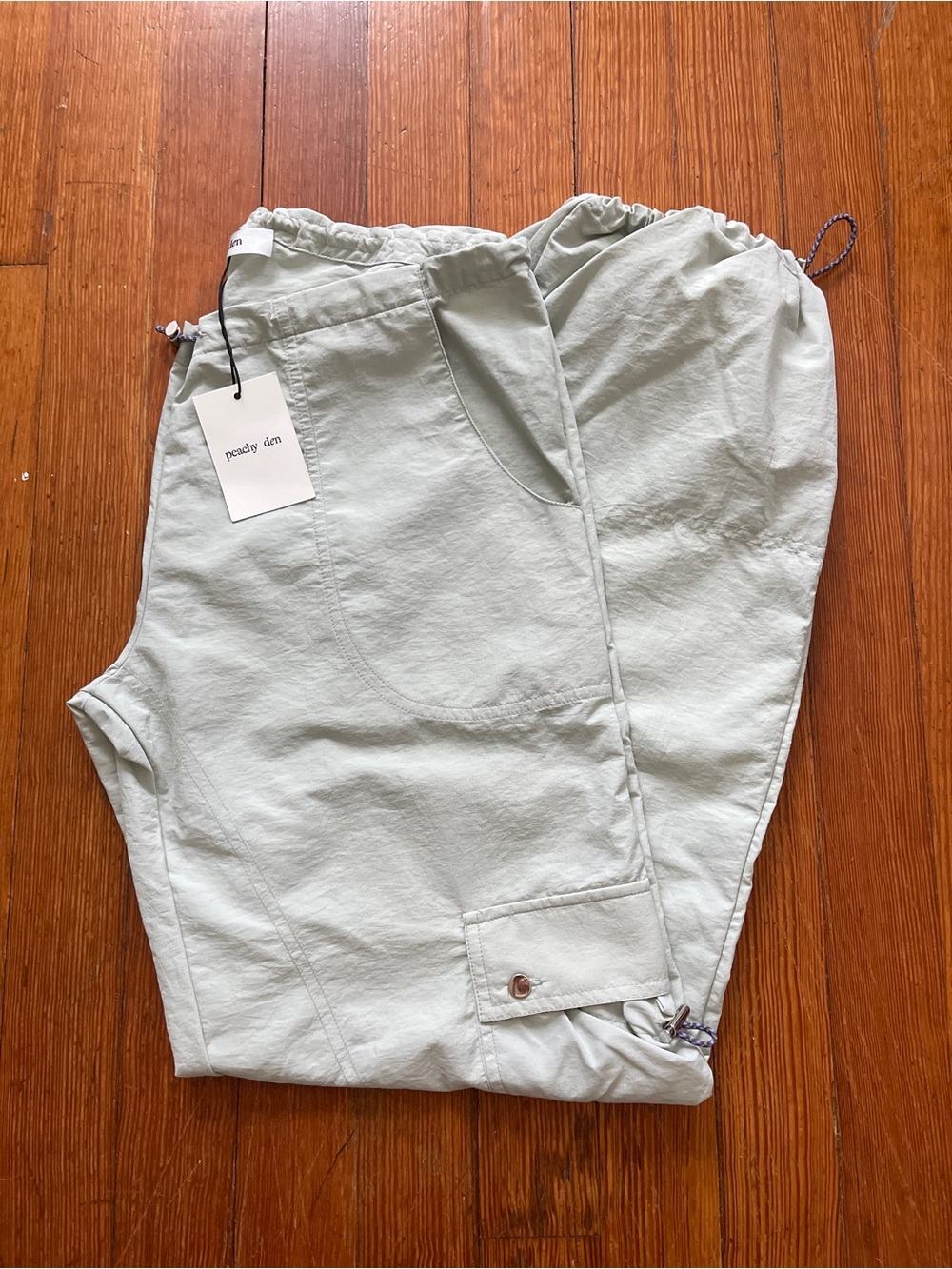 NWT Peachy Den The Mimi Bottoms Cargo Pants in Oyster Sage Mint Seafoam Green - Picture 11 of 13